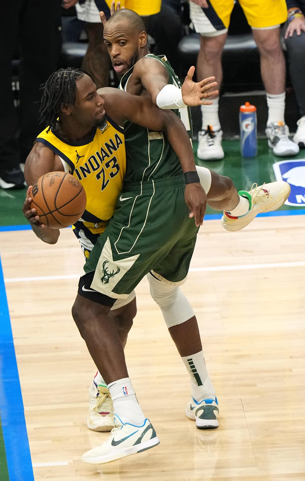 Longtime friends Aaron Nesmith and Khris Middleton have guarded each other during the Bucks-Pacers playoff series.