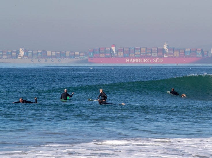 About 20 container ships wait to be unloaded in the Ports of LA and Long Beach