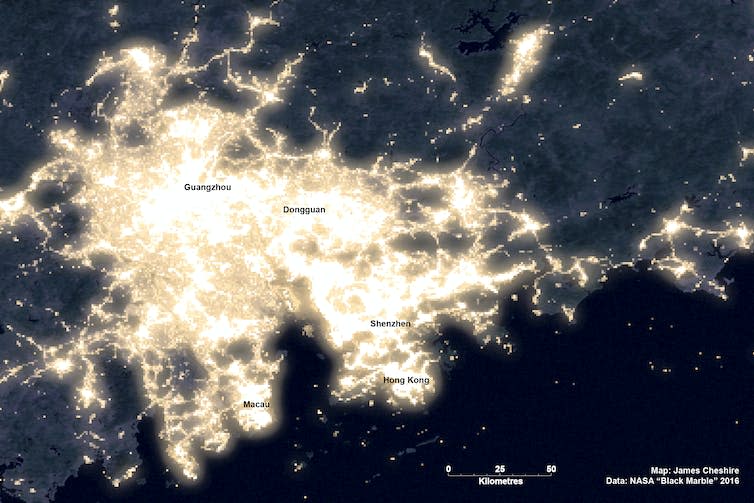 A map of a coastline showing light emissions.