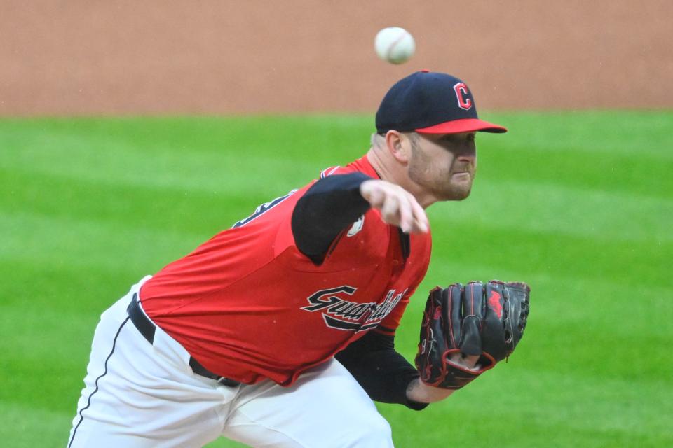 Guardians starting pitcher Ben Lively delivers a pitch in the first inning against the Boston Red Sox, April 23, 2024, in Cleveland.