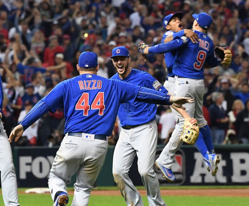 Chicago Cubs Kris Bryant celebrates with Anthony Rizzo (44) after the final out over the Cleveland Indians during the 10th inning of World Series Game 7 at Progressive Field in Cleveland on November 2, 2016. Chicago won 8-7 to celebrate a World Series win for the first time in 108 years. File Photo by Pat Benic/UPI