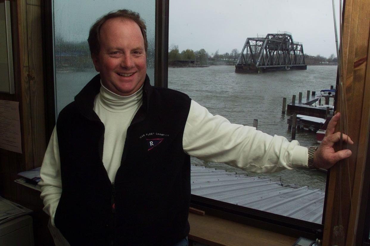 The view of the Hojack Swing Bridge from the second floor office window of Skip Shumway (pictured) at Shumway Marina, Monday, April 22, 2002.