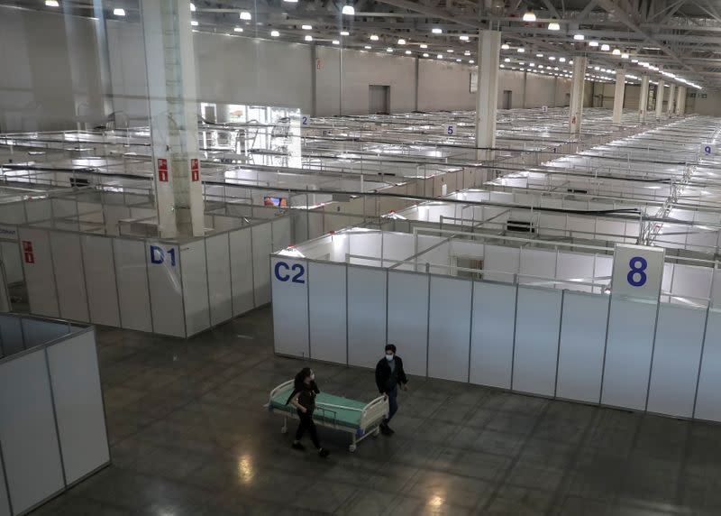 An interior view shows a pavilion of Crocus exhibition center following the decision of local authorities to turn it into a temporary hospital amid the coronavirus disease (COVID-19) outbreak in Moscow