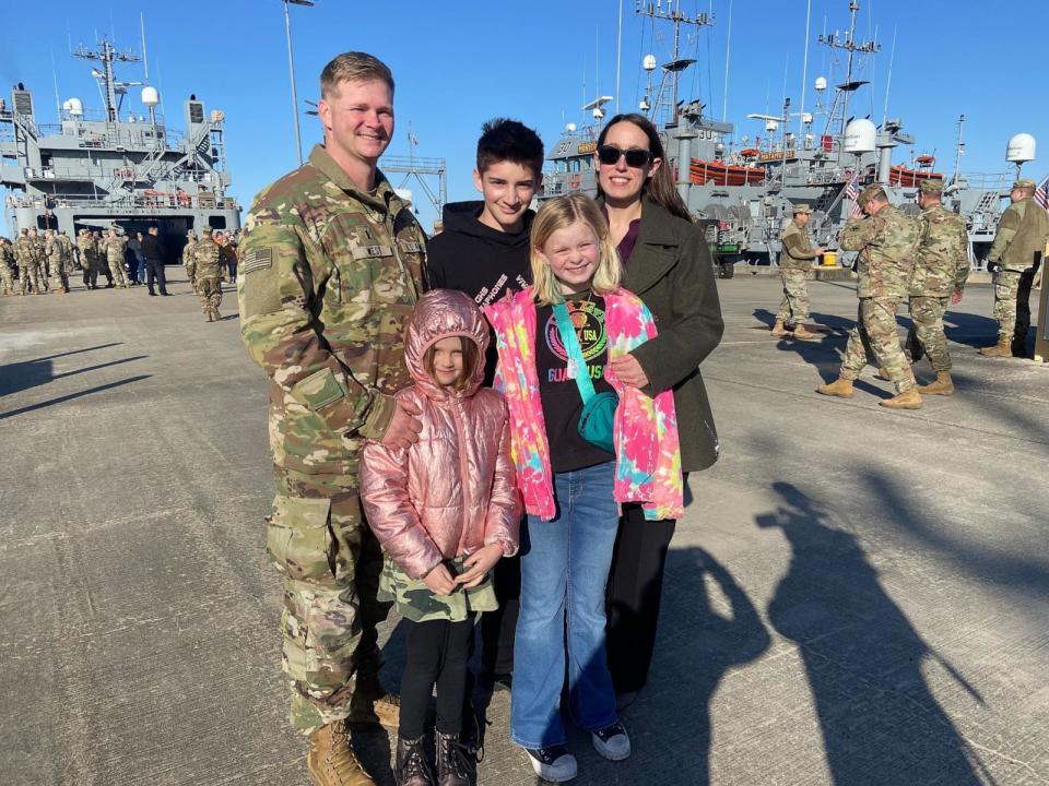 PHOTO: Chief Warrant Officer Three Jason West with his wife Tiffany and their three children, ages 15, 9 and 6 before being deployed with the 7th Transportation Brigade in Newport News, Virginia, mar. 12, 2024. (Anne K. Flaherty/ABC News)