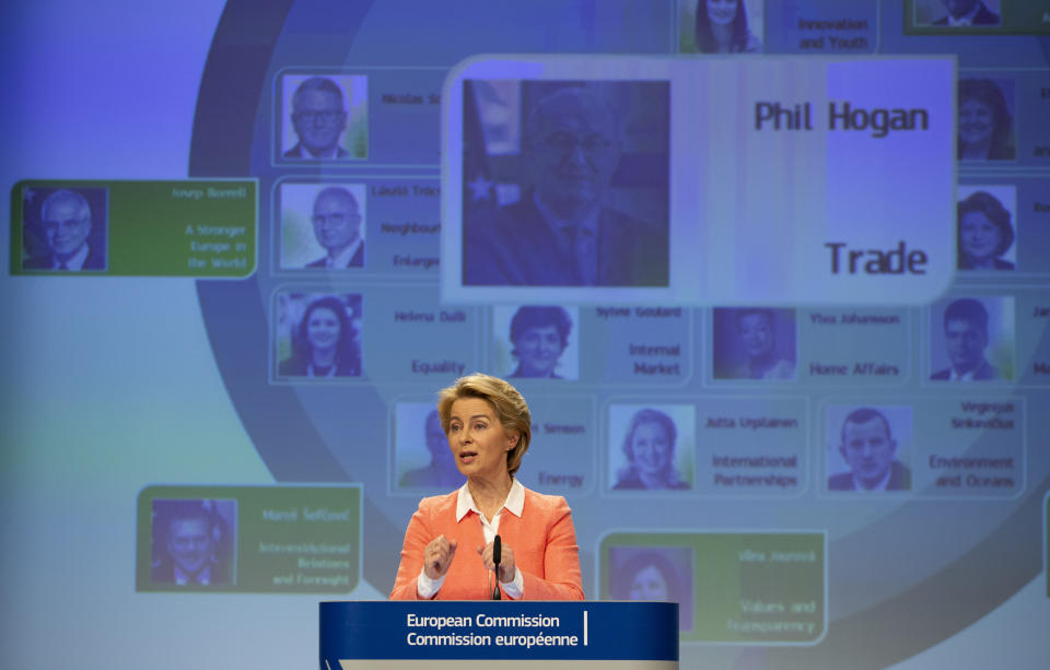 Incoming European Commission President Ursula von der Leyen announces Ireland's Phil Hogan as candidate for EU Trade Commissioner during a media conference at EU headquarters in Brussels, Tuesday, Sept. 10, 2019. Incoming European Commission President Ursula von der Leyen on Tuesday unveiled her team of candidates for the EU commission. (AP Photo/Virginia Mayo)