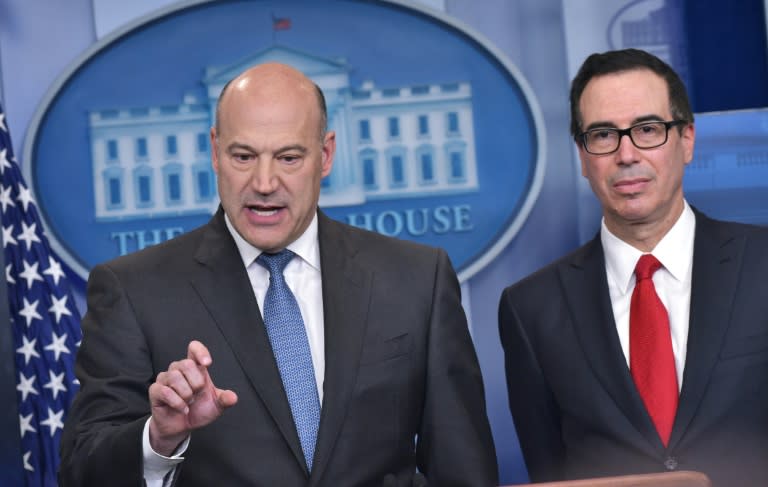 Chief Economic Advisor Gary Cohn (L) and Treasury Secretary Steven Mnuchin speak in the Brady Briefing Room on US President Donald Trump's tax reform plans on April 26, 2017