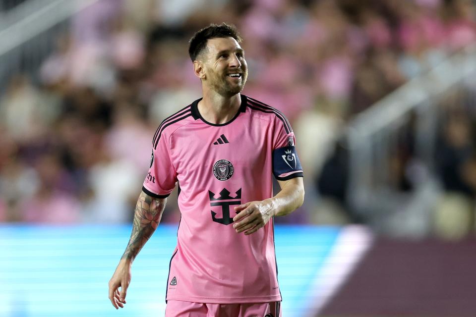 Lionel Messi #10 of Inter Miami CF reacts against the Nashville SC during the first half in the Concacaf Champions Cup Round of 16 match at Chase Stadium on March 13, 2024 in Fort Lauderdale, Florida.
