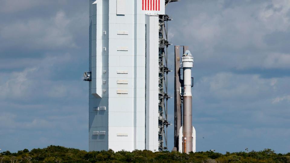 PHOTO: Boeing's Starliner capsule atop an Atlas V rocket is rolled out to the launch pad at Space Launch Complex 41, May 4, 2024, in Cape Canaveral, Fla.  (Terry Renna/AP)