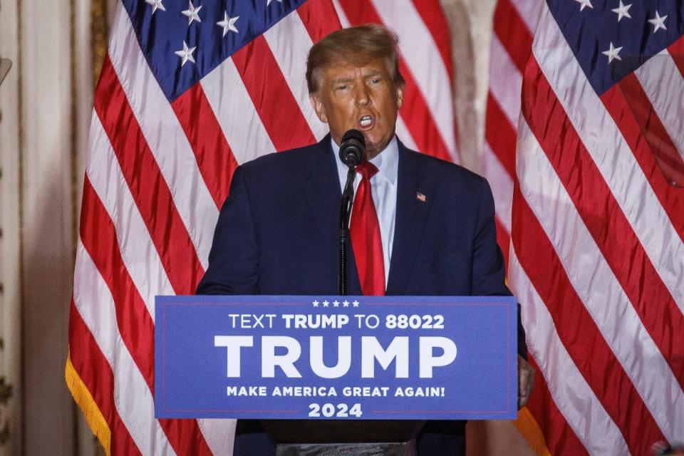 Former President Donald Trump speaks at his media event in the ballroom at Mar-a-Lago in Palm Beach, Fla., on Nov. 15, 2022.