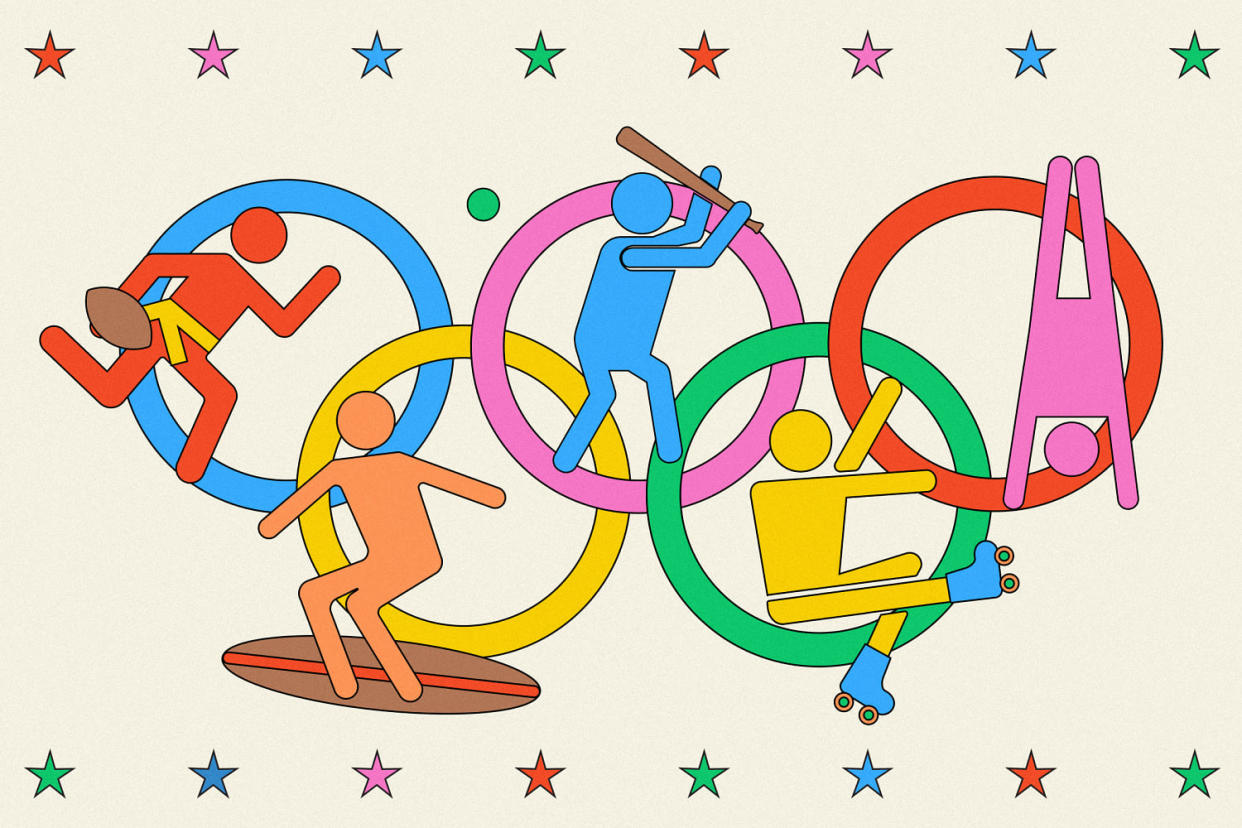 Illustration of figures playing various sports within Olympic rings (Leila Register / NBC News)