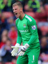 Manchester City's Joe Hart reacts during the Barclays Premier League match at the Britannia Stadium, Stoke On Trent.