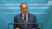 In this image made from UNTV video, Pakistan's Munir Akram, President of the U.N. Economic and Social Council, speaks during the U.N. General Assembly's special session to discuss the response to COVID-19 and the best path to recovery from the pandemic, Thursday, Dec. 3, 2020, at U.N. headquarters, in New York. (UNTV via AP)