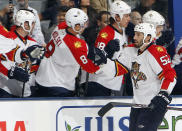 TORONTO, CANADA - FEBRUARY 28: Jason Garrison #52 of the Florida Panthers celebrates his goal against the Toronto Maple Leafs during NHL action at the Air Canada Centre February 28, 2012 in Toronto, Ontario, Canada. (Photo by Abelimages/Getty Images)