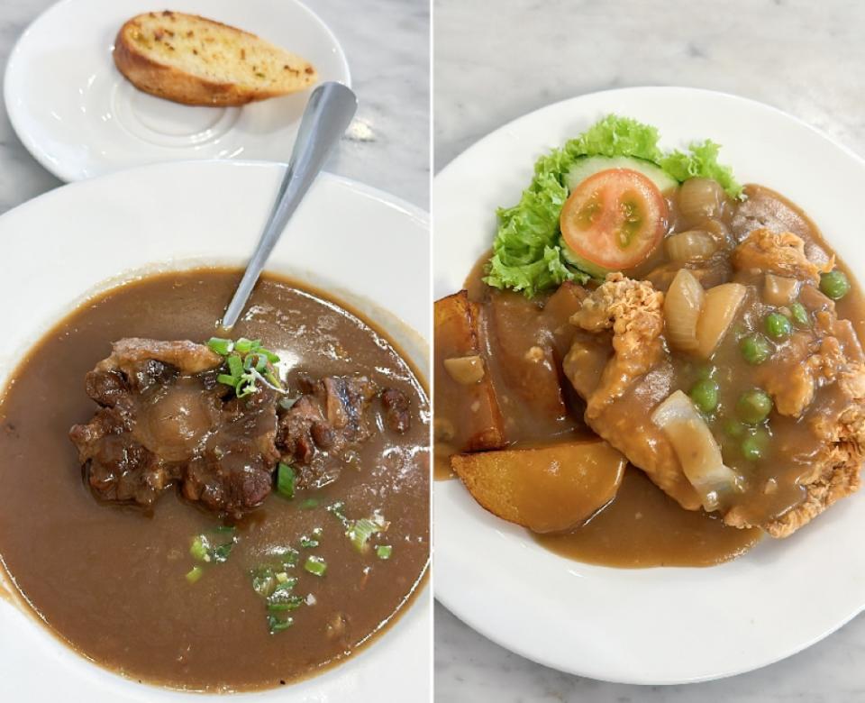 Traditional Oxtail Soup is the best way to start your meal at Durbar at FMS with its rich flavour (left). Hainanese Chicken Chop at Durbar at FMS is done the old style with brown gravy, sliced onions, potato wedges and peas (right)
