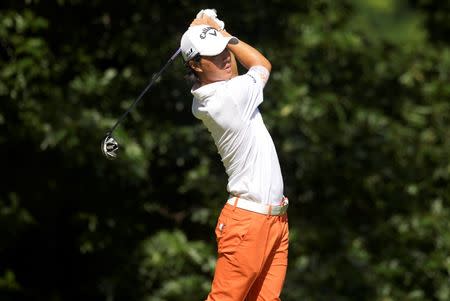 Ryo Ishikawa tees off on the 11th hole in the second round of the Quicken Loans National golf tournament at Robert Trent Jones Golf Club. Mandatory Credit: Rafael Suanes-USA TODAY Sports