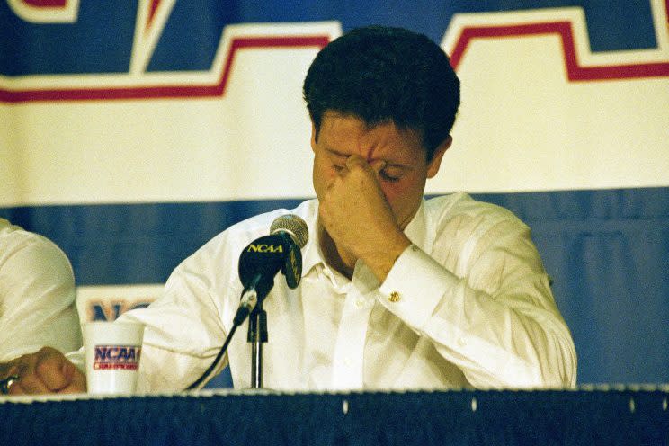 In this March 28, 1992, file photo, Kentucky head coach Rick Pitino reacts during the end of the East Regional Final NCAA college basketball game news conference following their 104-103 overtime loss to Duke in Philadelphia. (AP)