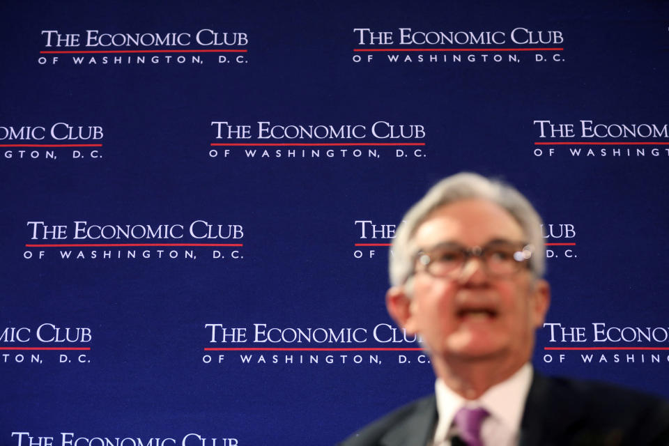 U.S. Federal Reserve Chair Jerome Powell responds to a question from David Rubenstein (not pictured) during an on-stage discussion at a meeting of The Economic Club of Washington, at the Renaissance Hotel in Washington, D.C., U.S, February 7, 2023. REUTERS/Amanda Andrade-Rhoades