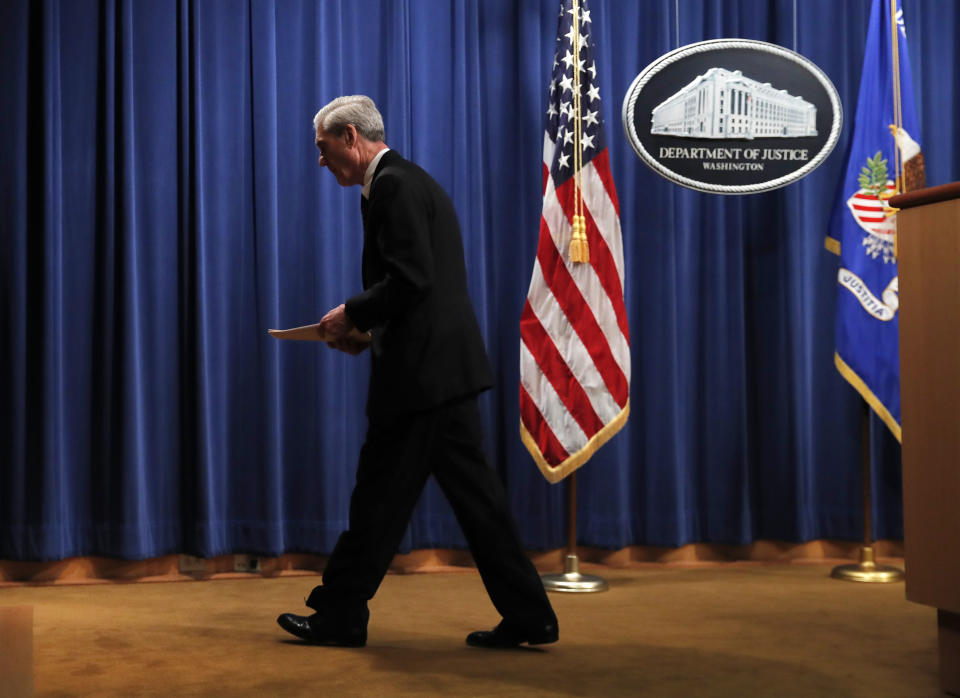 Special counsel Robert Mueller leaves the podium after speaking about the Russia investigation at the Department of Justice in Washington on Wednesday, May 29, 2019. (AP Photo/Carolyn Kaster)