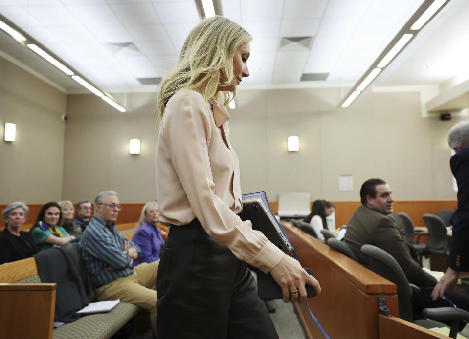 Gwyneth Paltrow enters the courtroom following a lunch break during the lawsuit trial of Terry Sanderson vs. Gwyneth Paltrow, Tuesday, March 28, 2023, in Park City, Utah. Paltrow is accused in a lawsuit of crashing into a skier during a 2016 family ski vacation, leaving him with brain damage and four broken ribs. (Jeffrey D. Allred/The Deseret News via AP, Pool)