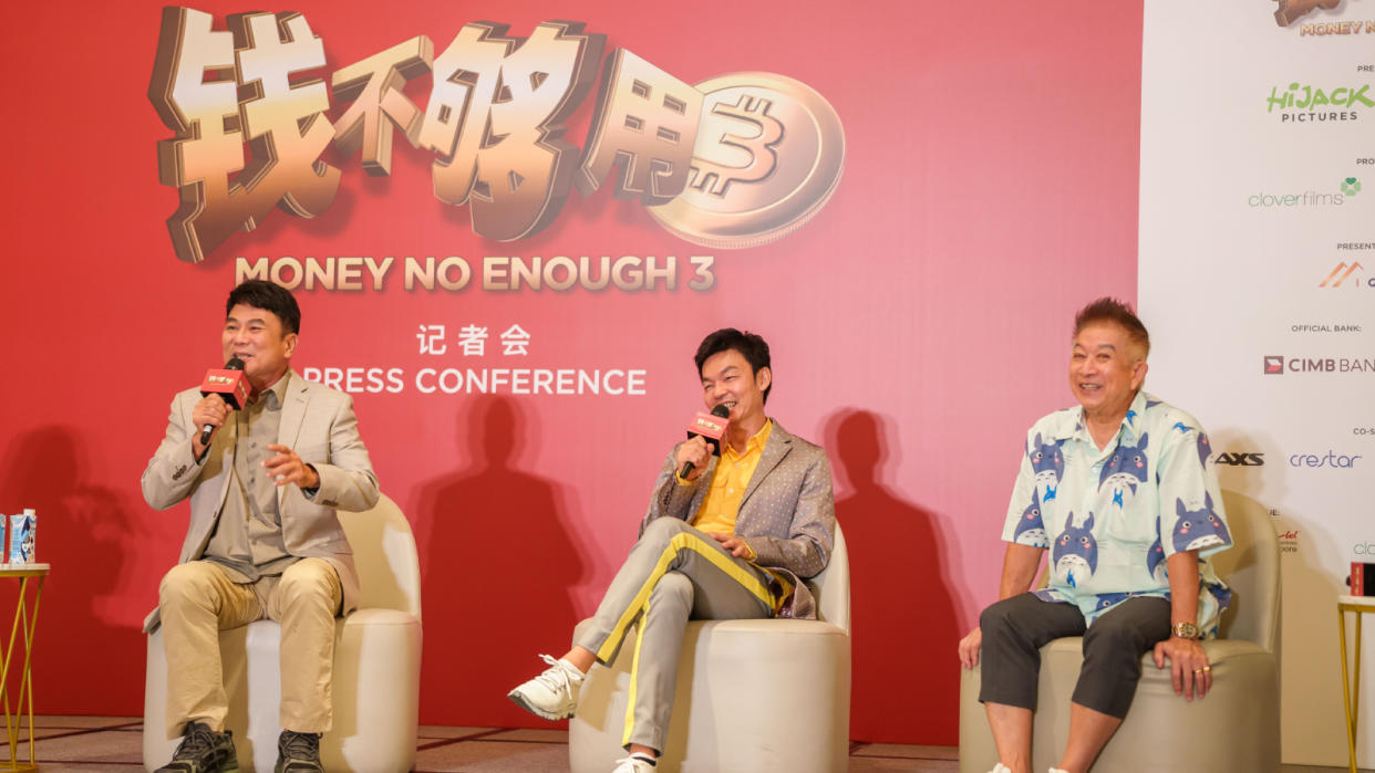 The trio of Jack Neo (left), Mark Lee (middle), and Henry Thia are returning for Money No Enough 3. (Photo: Golden Village Pictures)