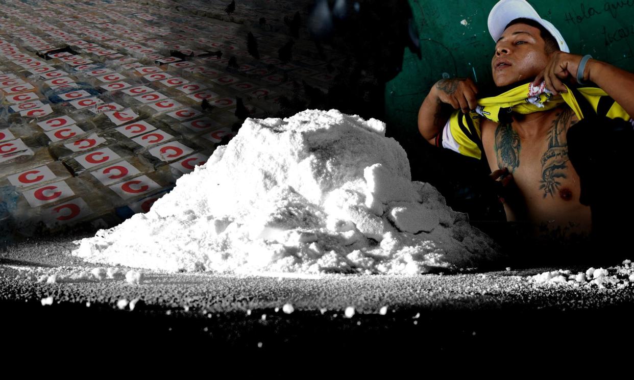 <span>A composite image of bricks of cocaine, a pile of the drug and a child caught up in the illegal trade.</span><span>Composite: Guardian</span>