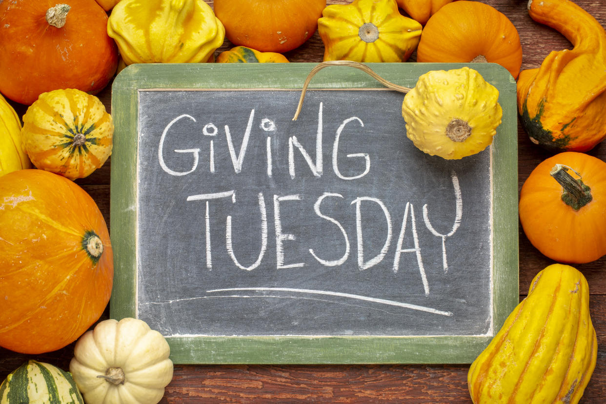 Giving Tuesday  - white chalk handwriting on a slate blackboard surrounded by winter squash and gourds