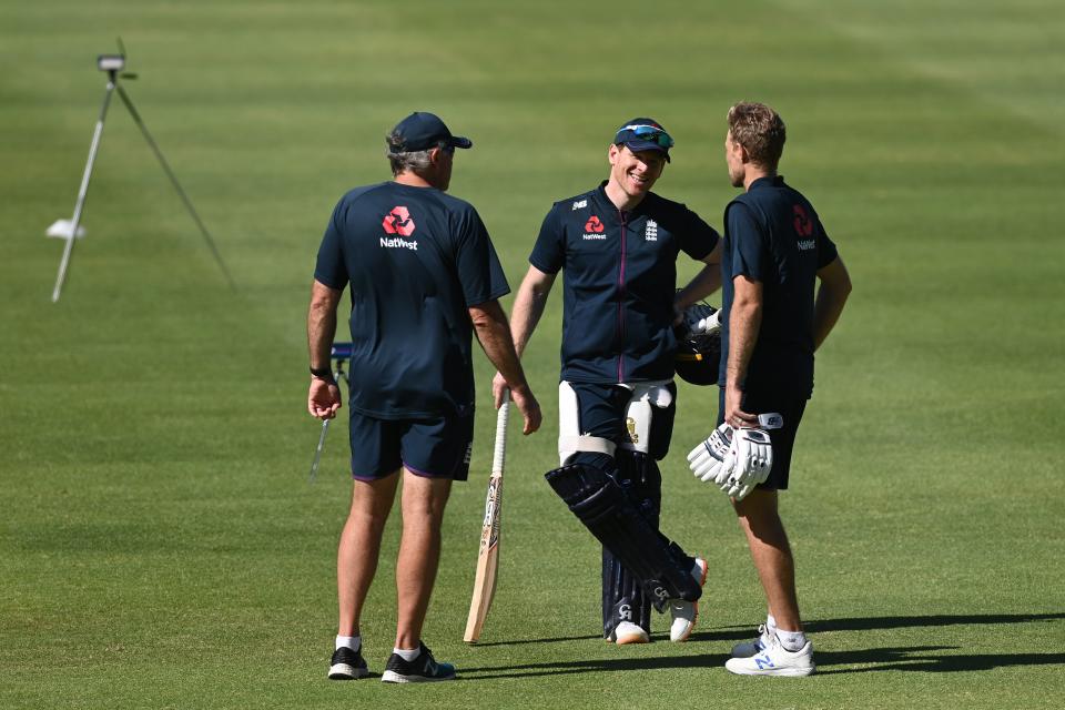 England head coach Chris Silverwood with white-ball captain Eoin Morgan and Test skipper Joe Root (Getty Images)