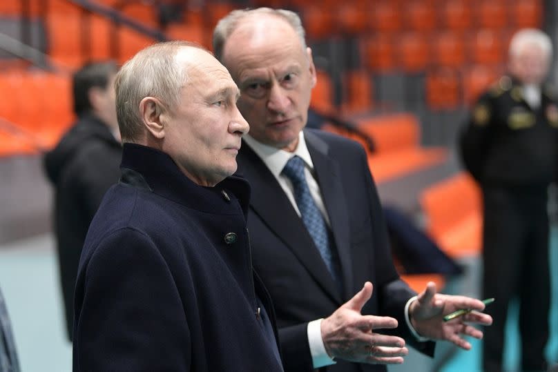 Russian President Vladimir Putin and Security Council secretary Nikolai Patrushev visit the St Petersburg State Maritime Technical University, January 2024