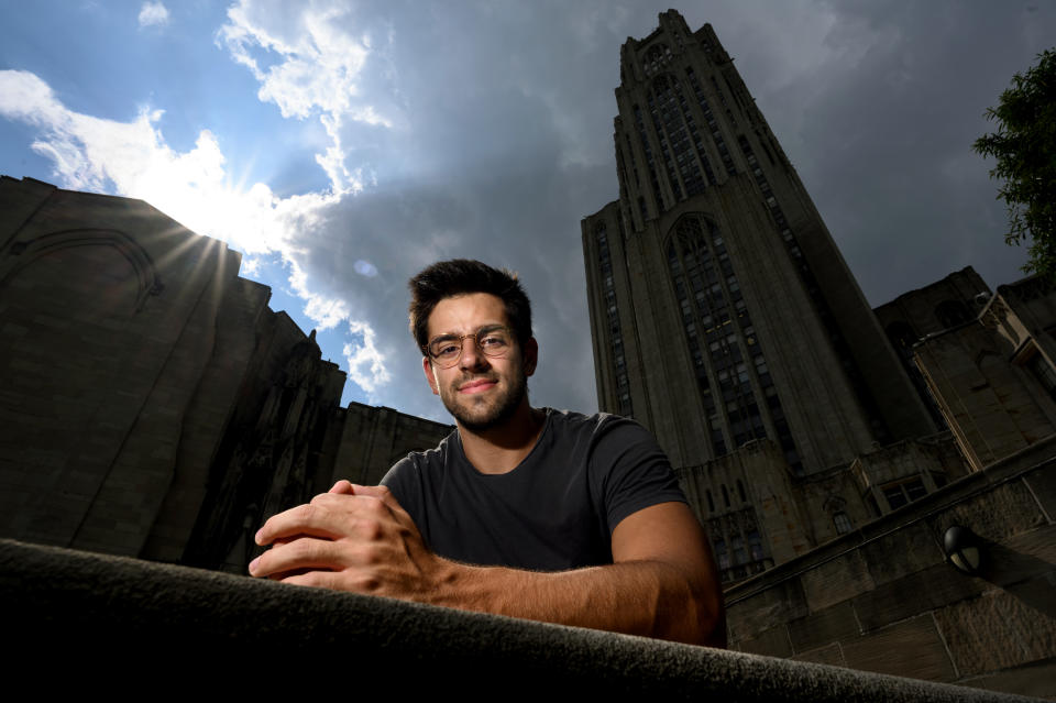 Trevor Naman, 19, a sophomore at the University of Pittsburgh, photographed in front of the university's Cathedral of Learning on Aug. 23. 