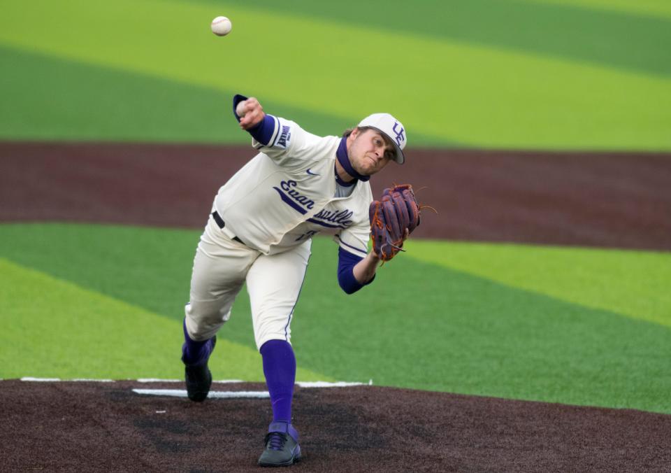 Evansville’s Shane Gray (29) pitches as the University of Evansville Purple Aces play the Missouri State Bears at German American Bank Field at Charles H. Braun Stadium in Evansville, Ind., Friday evening, April 16, 2021. 