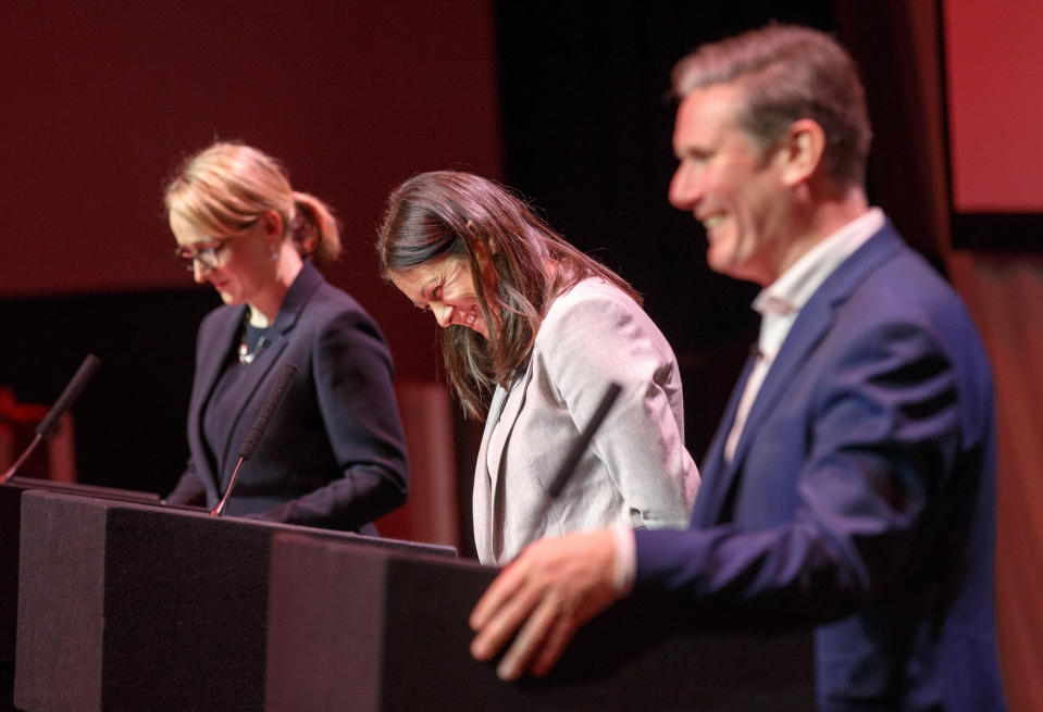 GLASGOW, SCOTLAND - FEBRUARY 15: Lisa Nandy and Sir Keir Starmer share a joke onstage at the Labour leadership hustings at SEC in Glasgow on February 15, 2020 in Glasgow, Scotland. Sir Keir Starmer, Rebecca Long-Bailey and Lisa Nandy are vying to replace Labour leader Jeremy Corbyn, who offered to step down following his party's loss in the December 2019 general election. Emily Thornberry was eliminated from the race yesterday after failing to secure enough nominations from local constituency parties. (Photo by Robert Perry/Getty Images)