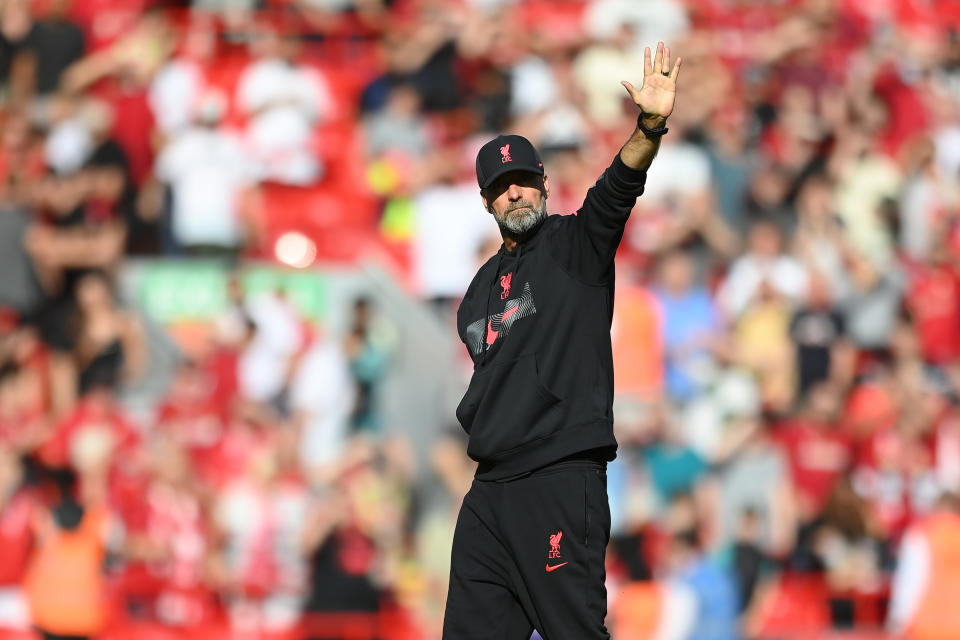 LIVERPOOL, ENGLAND - AUGUST 27: Liverpool manager Jurgen Klopp looks on during the Premier League match between Liverpool FC and AFC Bournemouth at Anfield on August 27, 2022 in Liverpool, England. (Photo by Michael Regan/Getty Images)