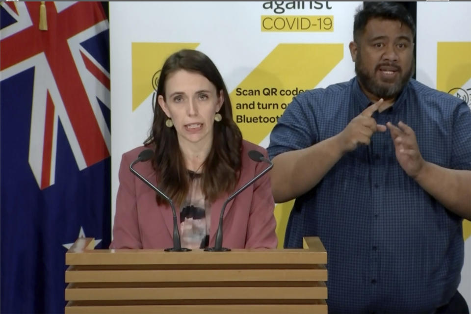 In this image made from video, New Zealand Prime Minister Jacinda Ardern speaks during a news conference in Wellington, New Zealand, Tuesday, Aug. 17, 2021. New Zealand's government took drastic action Tuesday by putting the entire nation into a strict lockdown for at least three days after finding a single case of coronavirus infection in the community. (TVNZ via AP)
