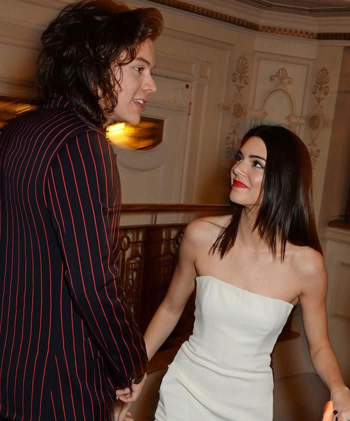 Harry Styles bumped into his former flames Kendall Jenner and Cara Delevingne at the British Fashion Awards in December 2014. Source: Getty