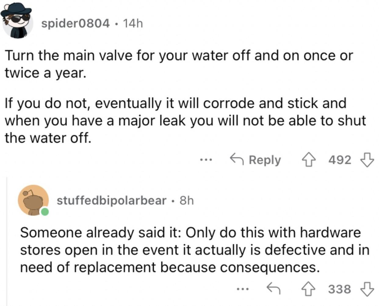 Reddit screenshot about the value of turning the main water valve on and off.