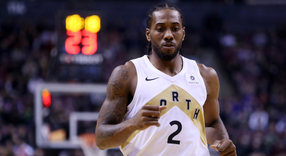 Kawhi Leonard of the Toronto Raptors got to wear an OVO jersey a few weeks ago and now has appeared on Drake’s Instagram account. (Photo by Vaughn Ridley/Getty Images)