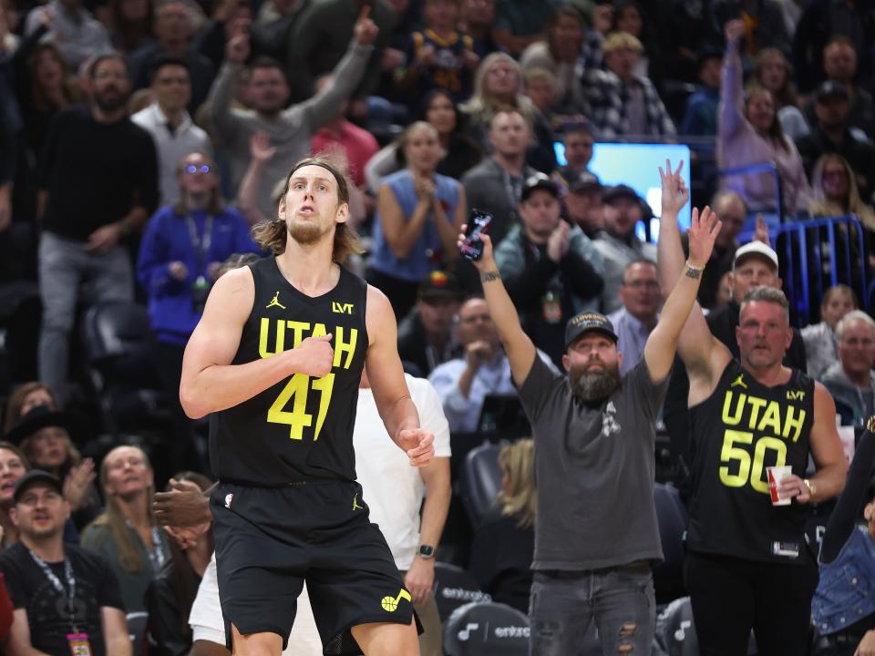Utah Jazz forward Kelly Olynyk (41) celebrate back to back three-pointers at the end of the game in Salt Lake City on Friday, Oct. 27, 2023. The Jazz won 120-118. | Jeffrey D. Allred, Deseret News