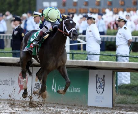 May 6, 2017; Louisville , KY, USA; John Velazquez aboard Always Dreaming (5) wins the 2017 Kentucky Derby at Churchill Downs. Mandatory Credit: Mark Zerof-USA TODAY Sports