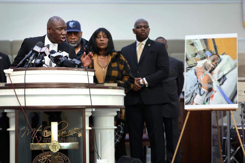 Flanked by the parents of Tyre Nichols and faith and community leaders, civil rights attorney Ben Crump speaks next to a photo of Nichols during a press conference on January 27, 2023 in Memphis, Tennessee.