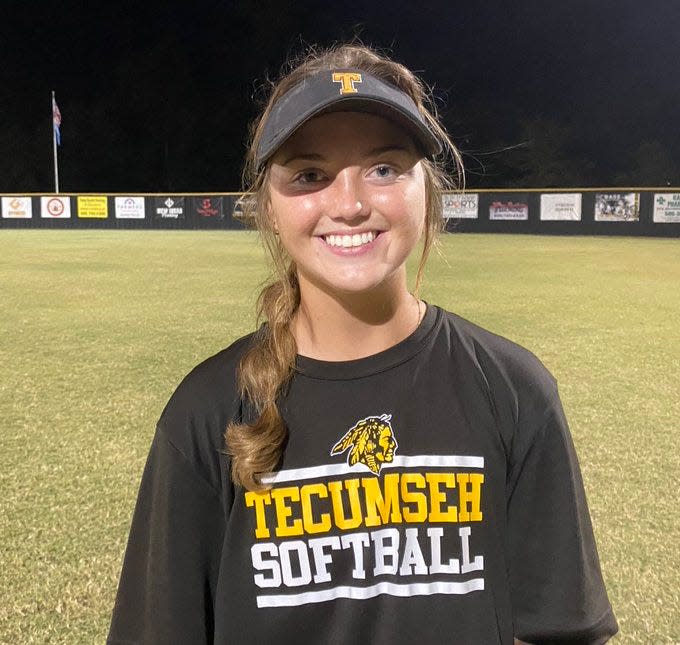 Tecumseh junior catcher Jessi Hull smiles after a 6-4 win over Latta at the Dale-Tecumseh softball tournament on Thursday, Sept. 7, 2023.