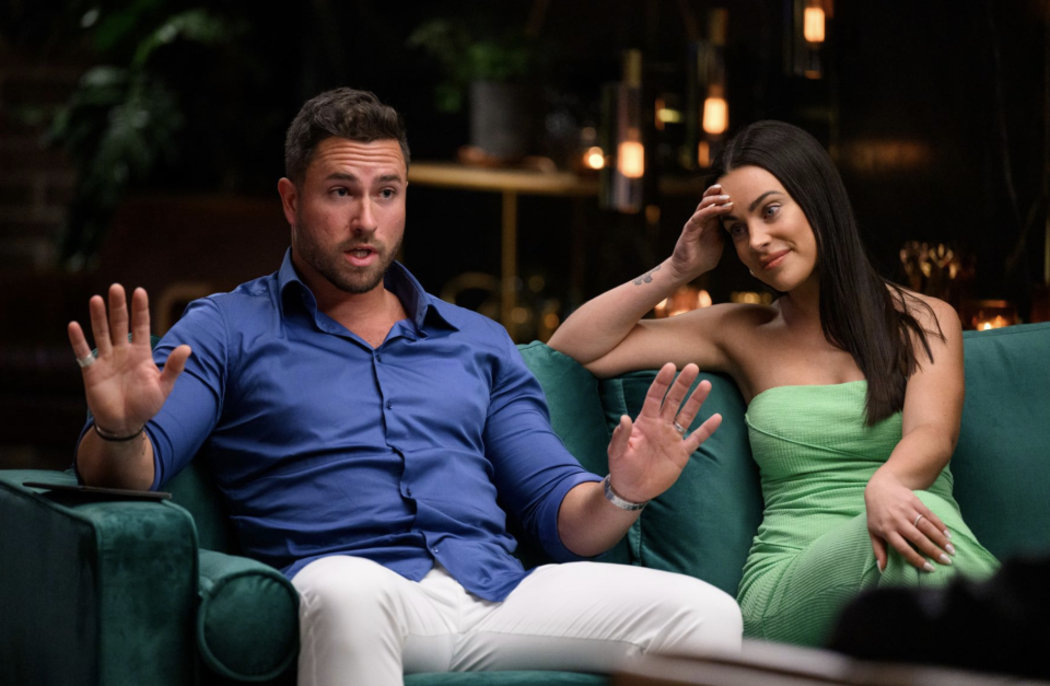 Bronte looking frustrated while Harrison throws his hands up during a commitment ceremony on MAFS.