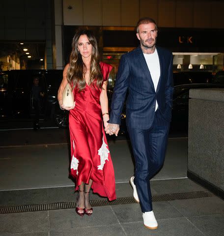 <p>TheImageDirect</p> Victoria Beckham and David Beckham hold hands while out for dinner in New York City on Oct. 12, 2023