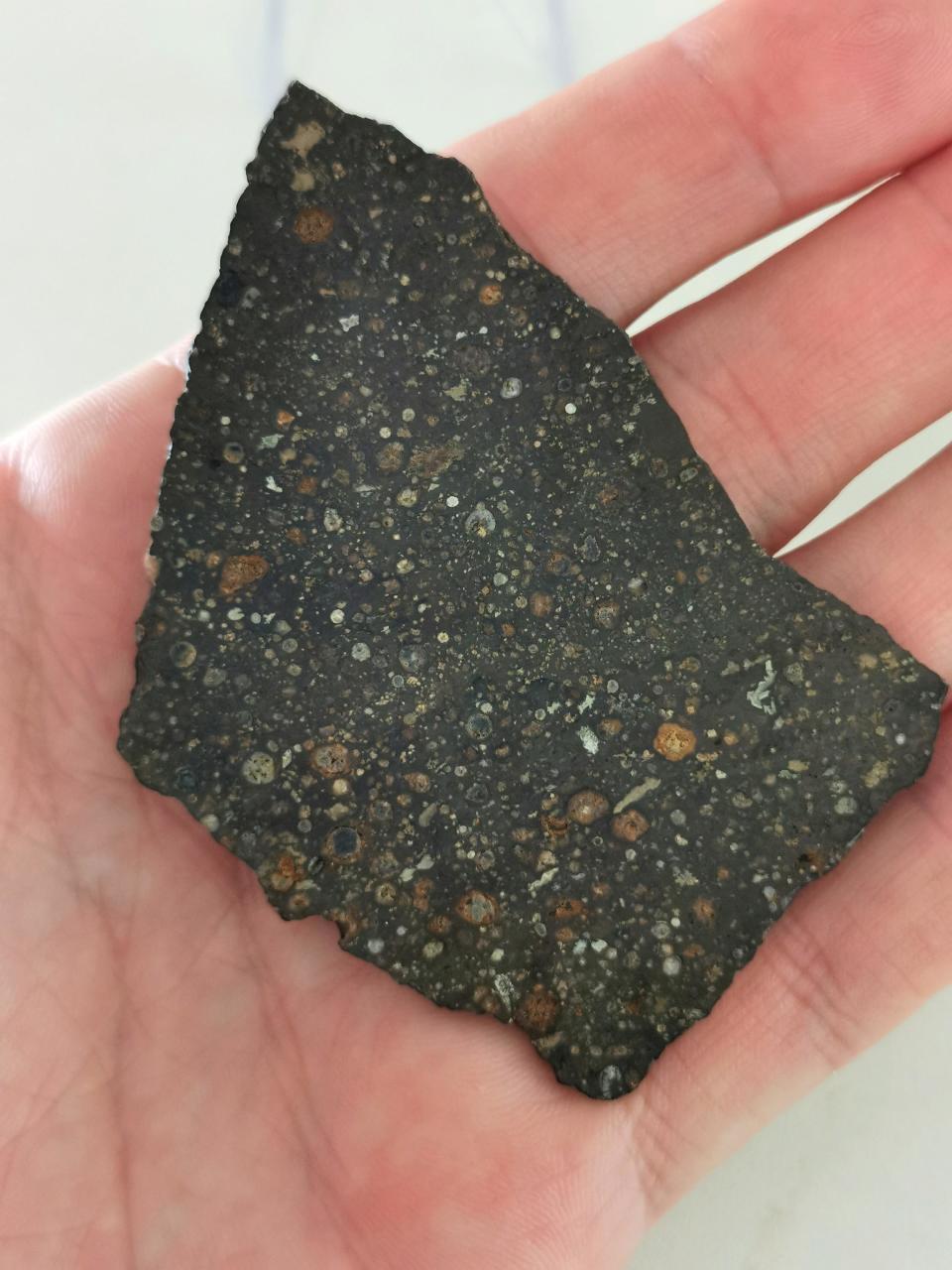 A chunk of black speckled granite in a person's hand that looks a bit like a tortilla chip