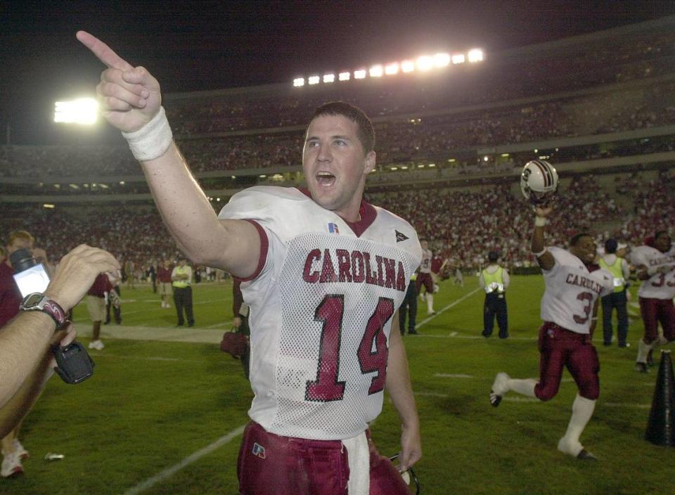 The Gamecocks defeated the Georgia Bulldogs 14-9 at Sanford Stadium in Athens, Georgia on Sept. 8, 2001. “I told you so!” screams South Carolina quarterback Phil Petty after throwing the game-winning pass to receiver Brian Scott late in the fourth quarter.