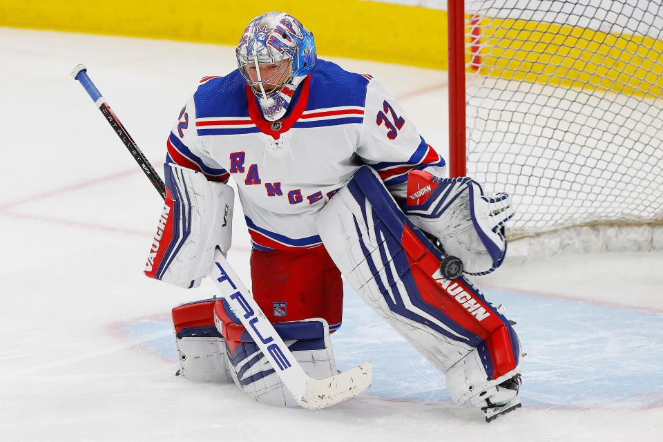 Oct 26, 2023; Edmonton, Alberta, CAN; New York Rangers goaltender Jonathan Quick (32) makes a save during warmup against the Edmonton Oilers at Rogers Place.