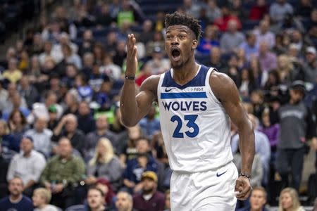 FILE PHOTO: Oct 22, 2018; Minneapolis, MN, USA; Minnesota Timberwolves guard Jimmy Butler (23) reacts to a foul called in the second half against the Indiana Pacers at Target Center. Mandatory Credit: Jesse Johnson-USA TODAY Sports