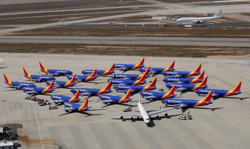 A number of grounded Southwest Airlines Boeing 737 MAX 8 aircraft are shown parked at Victorville Airport in Victorville, California