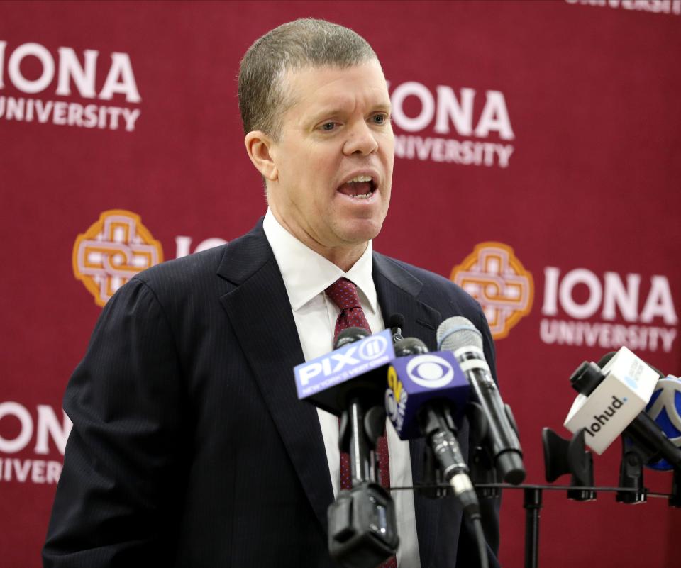 Tobin Anderson delivers remarks as he is introduced as the new men's basketball coach at Iona University, during a press conference at the school in New Rochelle, March 22, 2022.