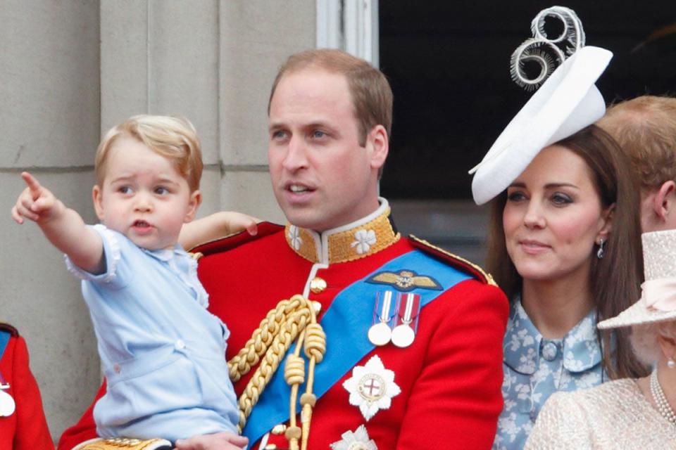 <p>Prince George fulfilled the royal rite of passage at the Queen's official birthday parade in June 2015, just before his second birthday. The flypast proved to be a good distraction from the thousands of well-wishers watching from below.</p>