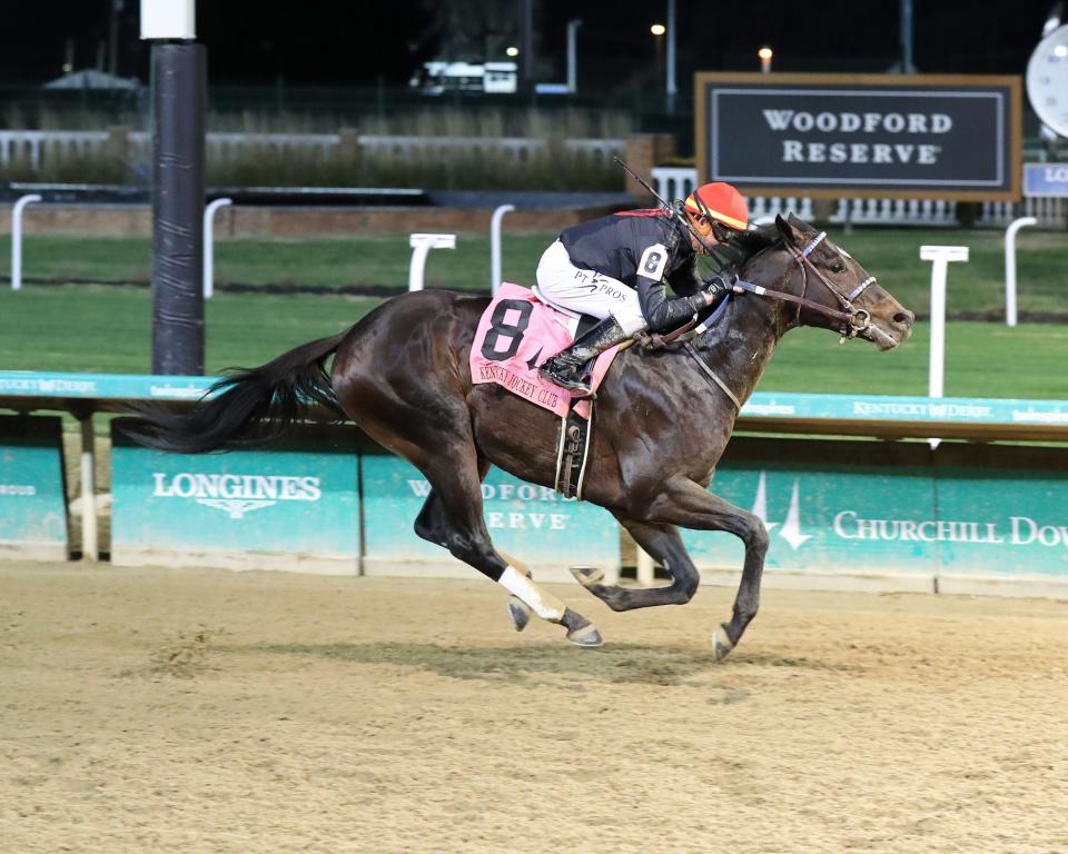 Smile Happy and jockey Corey Lanerie win the Grade 2 Kentucky Jockey Club on Nov. 27 at Churchill Downs.